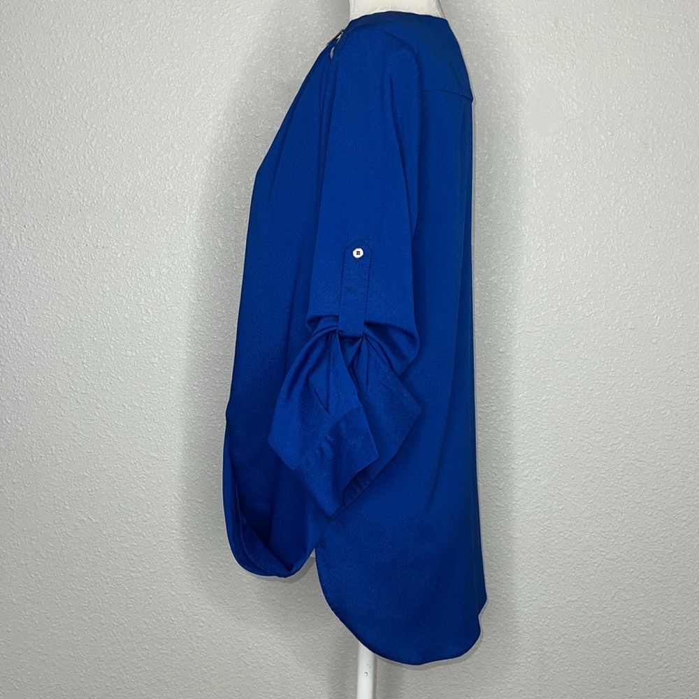 CALVIN KLEIN Cobalt / Royal Blue Faux Wrap
Silver Zipper Accents Chiffon Blouse - Picture 4 of 7